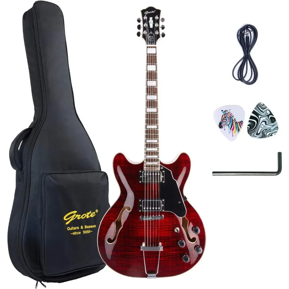 Jazz Electric Guitar Semi-Hollow Body Trapeze Tailpiece Bridge Guitar Gig Bag (RED) Acoustic Guitars Professional High Quality V