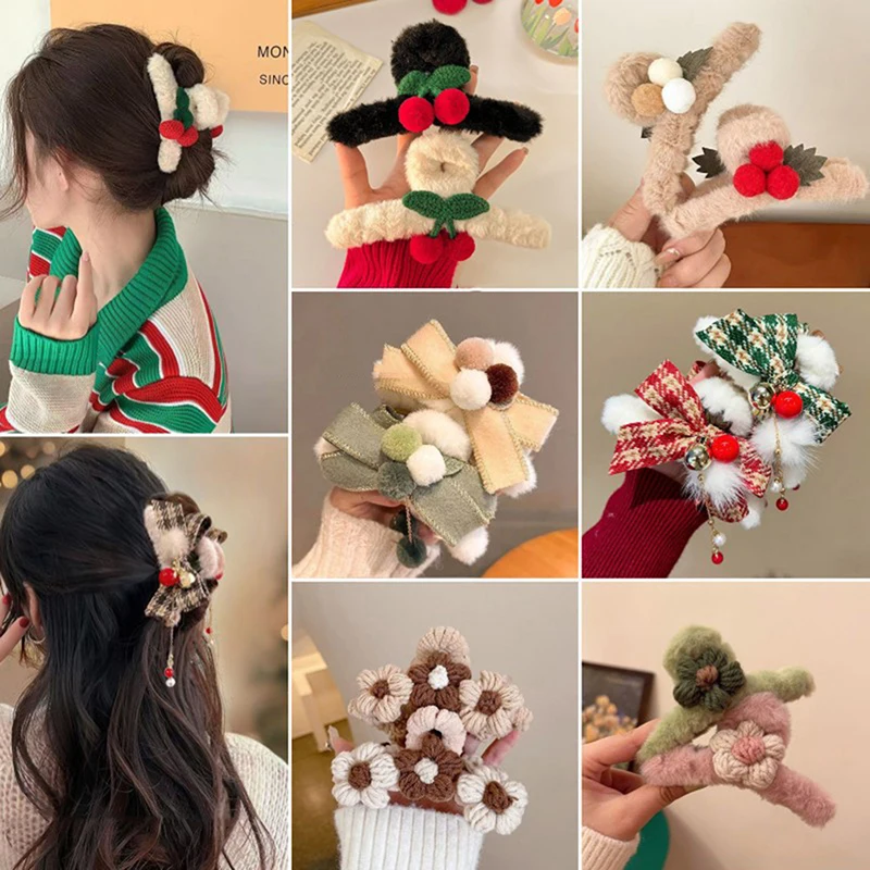 

Autumn and Winter Girly Christmas Sweet Cherry Bow Plush Hair Claws Easy Updo Hair Clips Cute Hair Ornaments