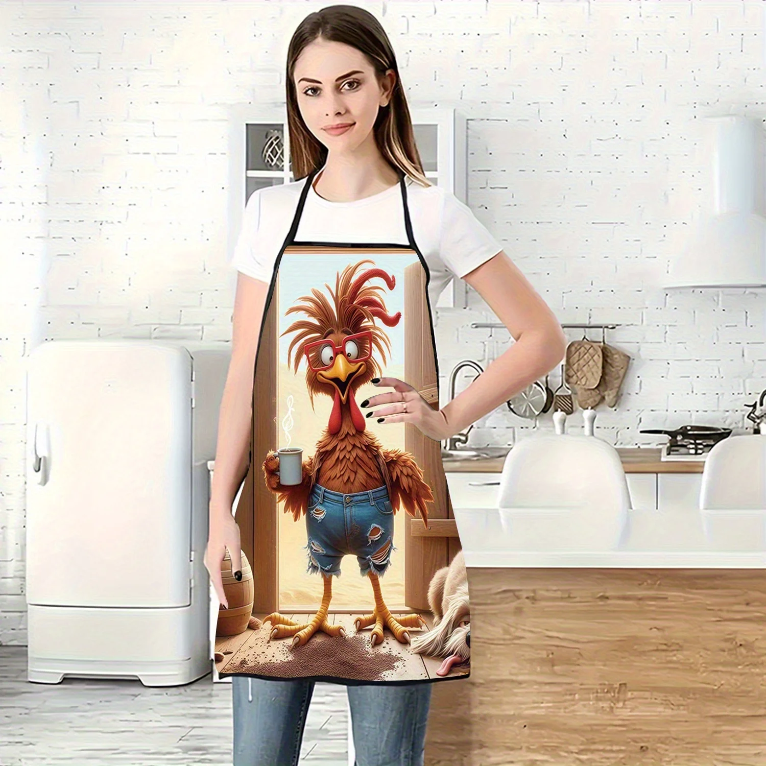 1pc of a Cheerful Rooster Apron Featuring a Fun Cartoon Chicken Design with Jeans And Coffee. Made from Durable Polyester, This