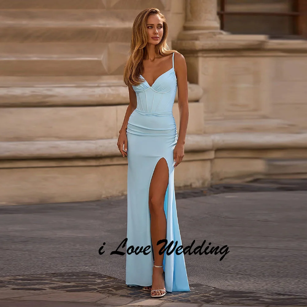 

Classic V-neck Pleated Side Slit Floor Length Formal Evening Dress Backless Straight Long Party Gown with Train Customized