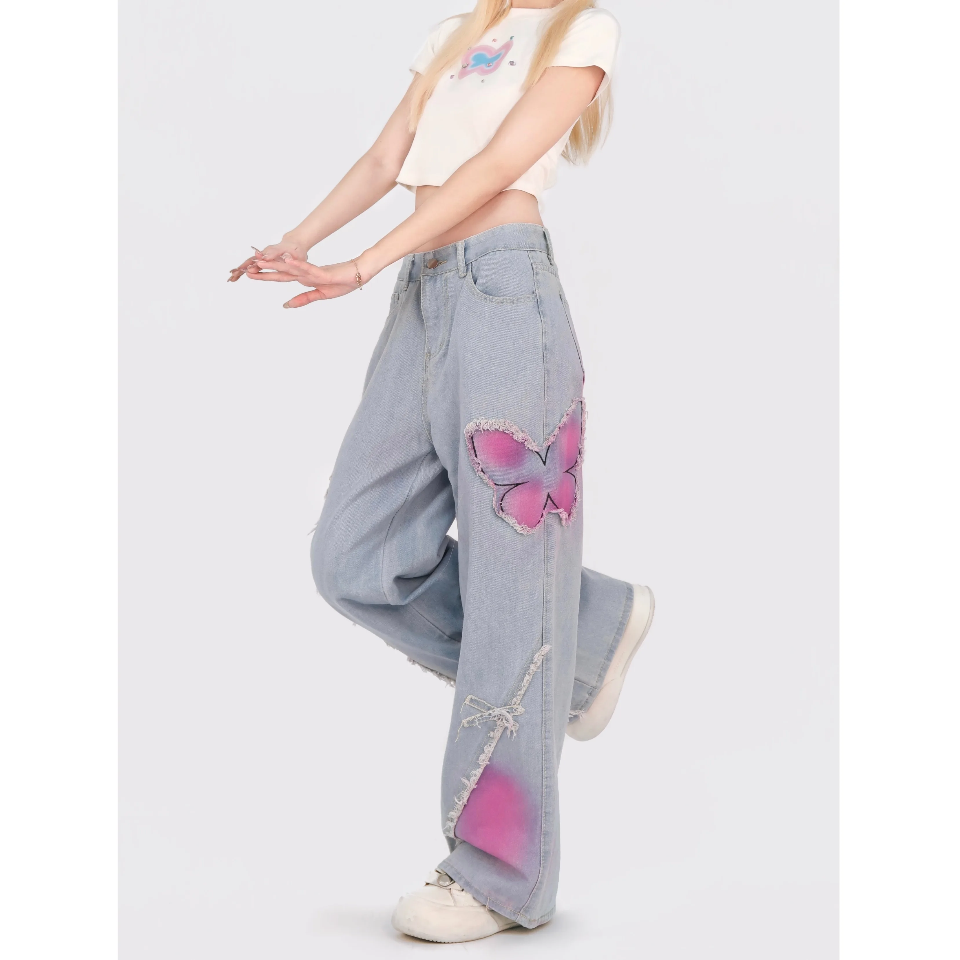 

Хит продаж, ретро-дизайн с вышивкой бабочки, джинсовые джинсы с потертыми краями, женские милые и крутые прямые брюки