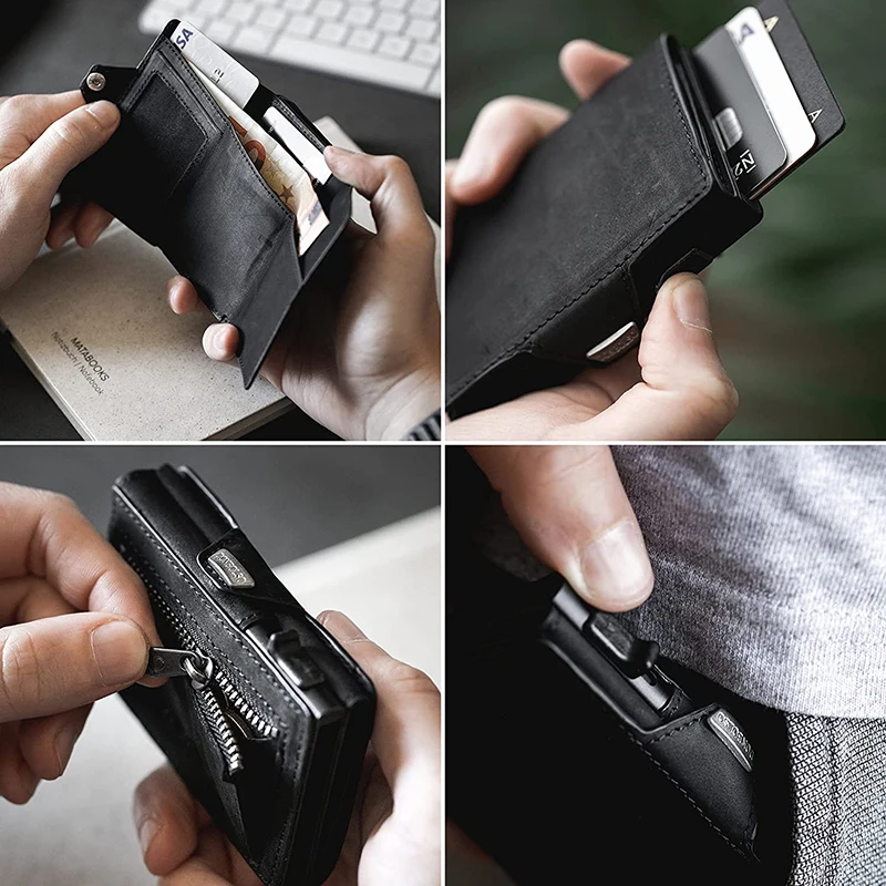 Pop-Up-Kreditkartenetui mit RFID-Schutz, Echtleder-Geldbörse mit Fach für Notizen und Münzen für Männer und Frauen – Detail 9