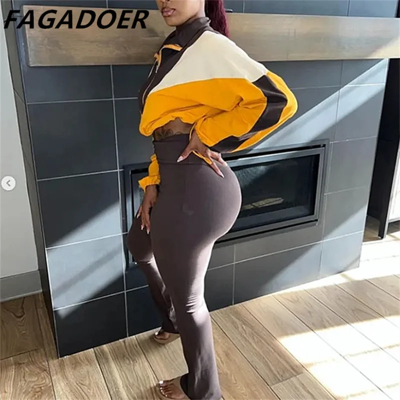 FAGADOER Autumn New 2 Piece Sets Outfit Women Fashion Zipper Short Coat and High Waist Bodycon Pants Suit Sporty Streetwear