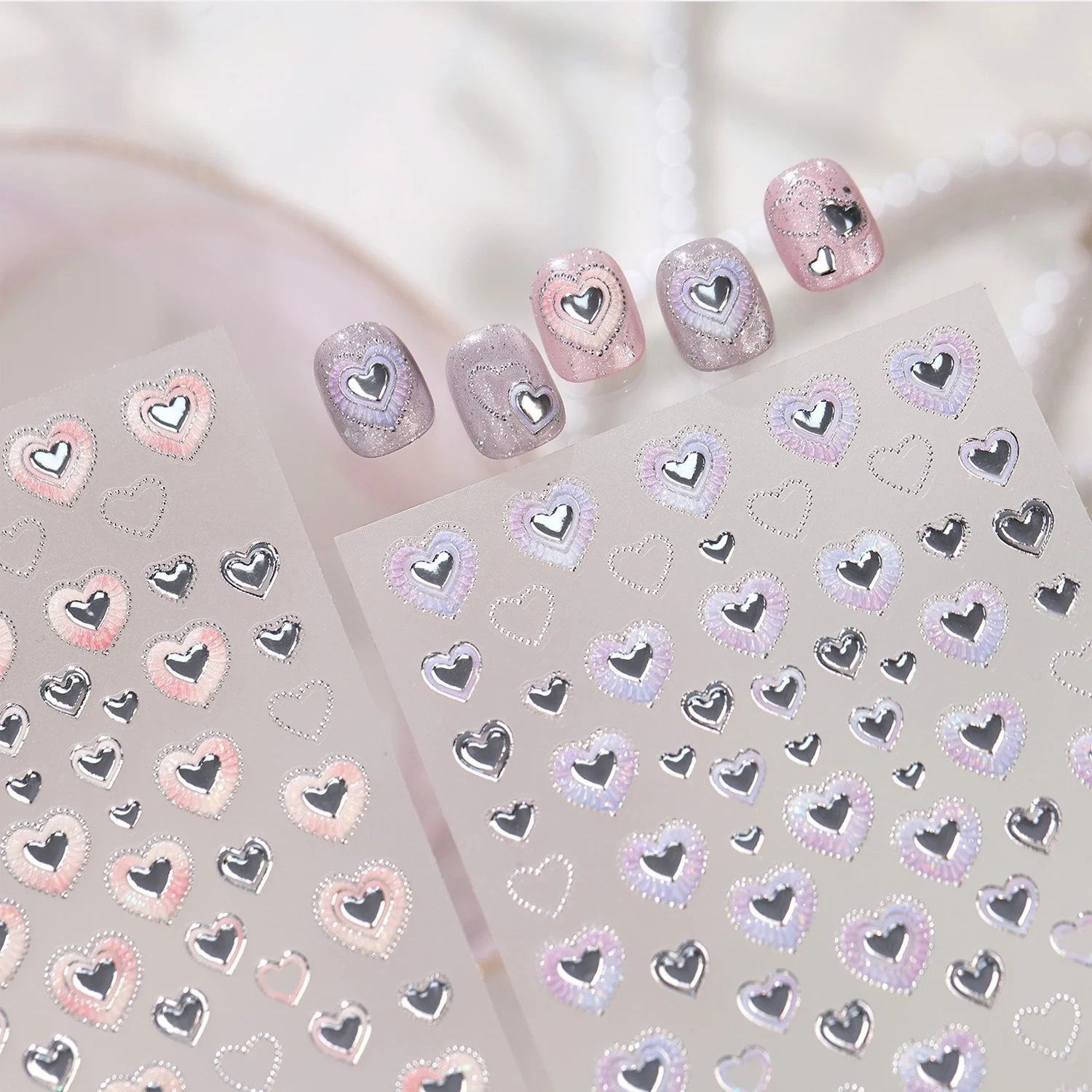 Shiny Holographic Love 5D Nail Art Sticker Black Pink Lace Hollow Love Heart Ballet Self Adhesive Nail Decals Nail Art Manicure