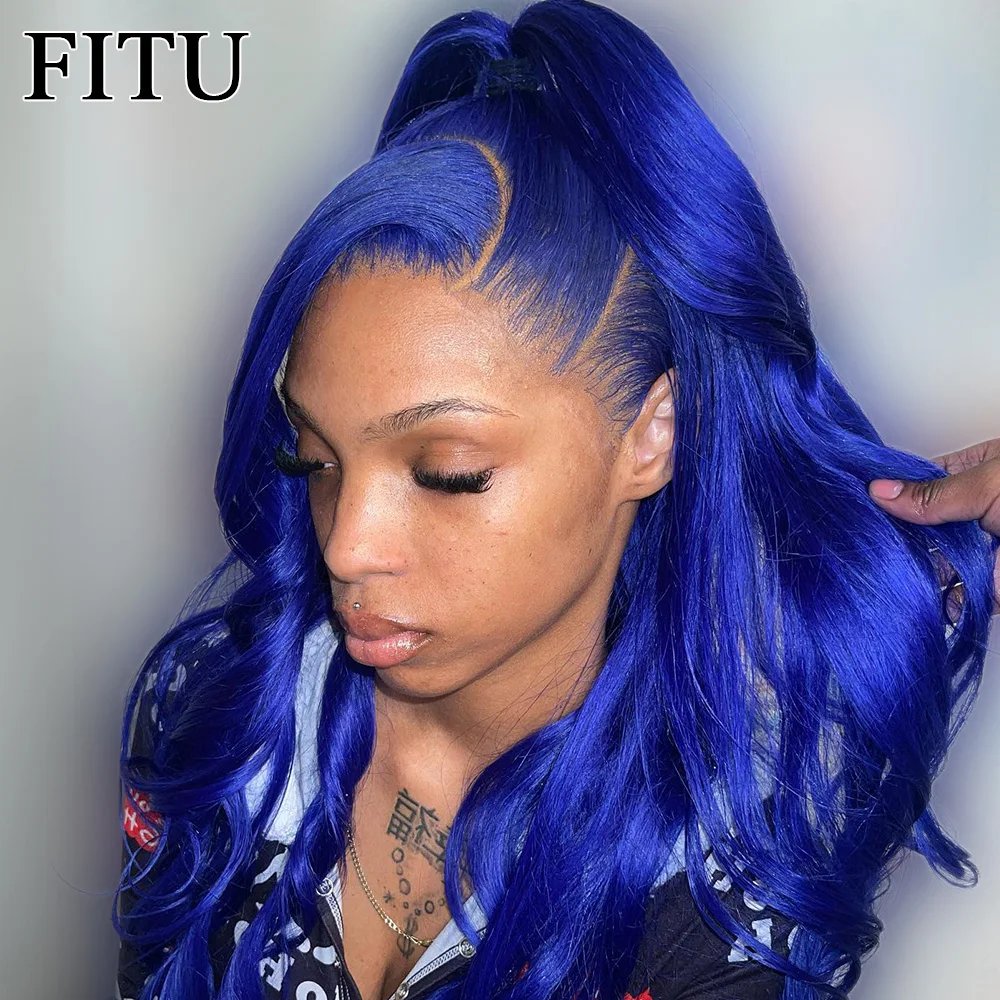 

FITU Blue Body Wave Transparent 13x6 13x4 Lace Frontal Human Hair Wig 613 Colored Plucked With Baby Hair 5x5 Lace Closure Wig