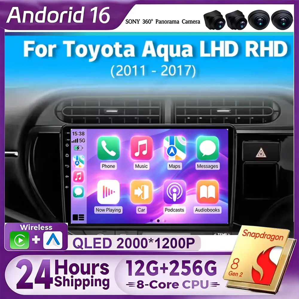 Android 16 For Toyota Aqua LHD RHD 2011- 2017 Car Radio Navigation Multimedia Player GPS WiFi+4G Video Carplay BT