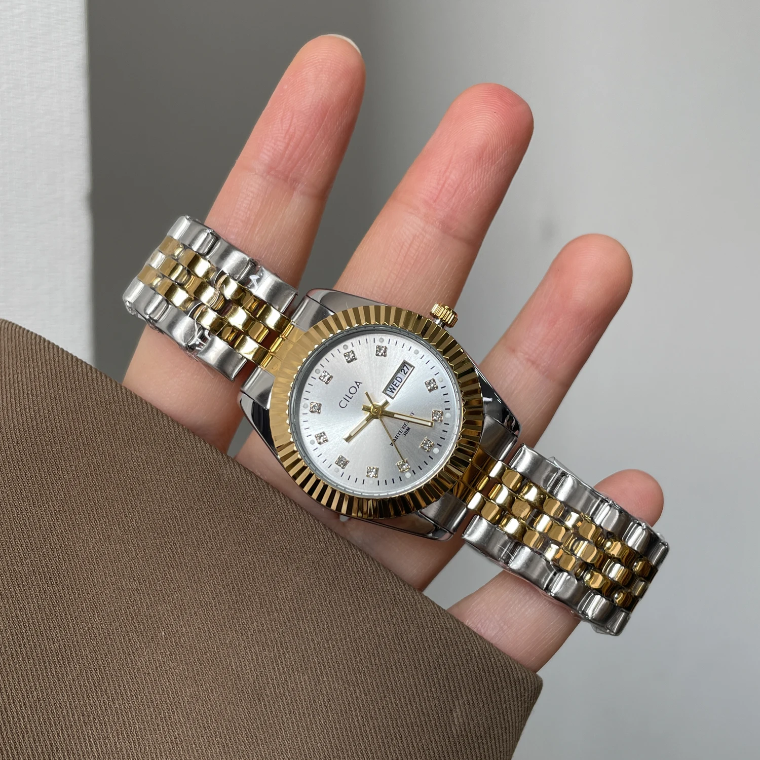 CILOA Womens Round Watch Multi Color Sunburst Dial Dual Day Date Crystal Index Stainless Steel Bracelet Wristwatch