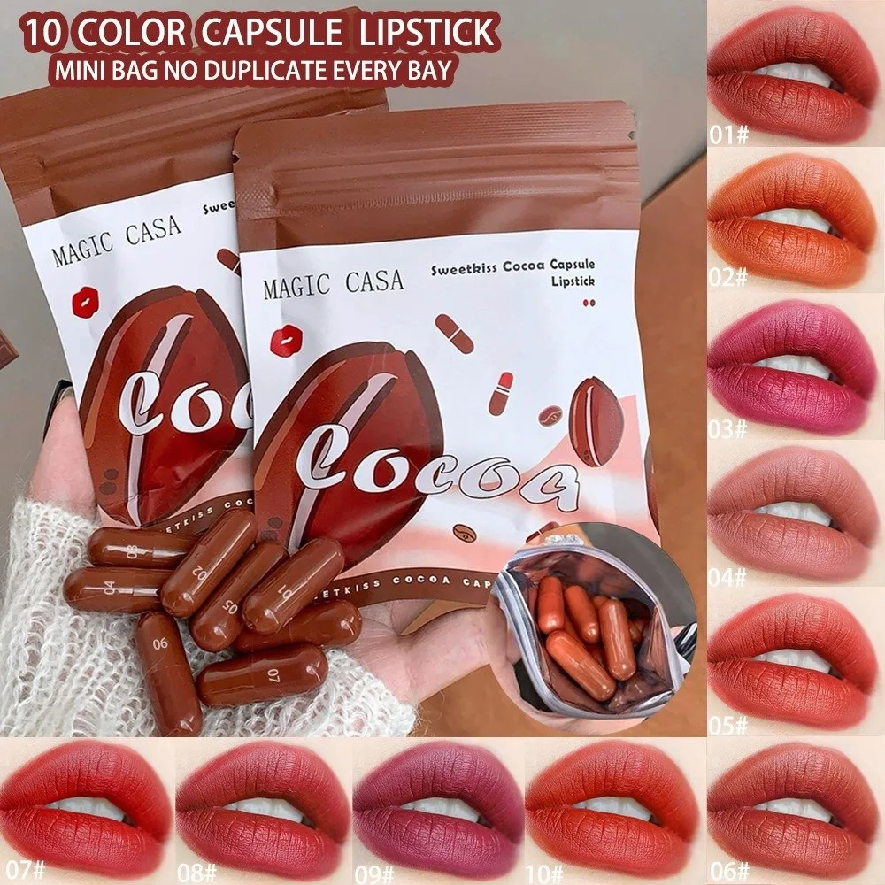 10 Colors Capsule Lipstick Kit Velvet Matte Finish Long Lasting Mini Lipstick Set Non-Sticky Texture Waterproof Lip Gloss Stick