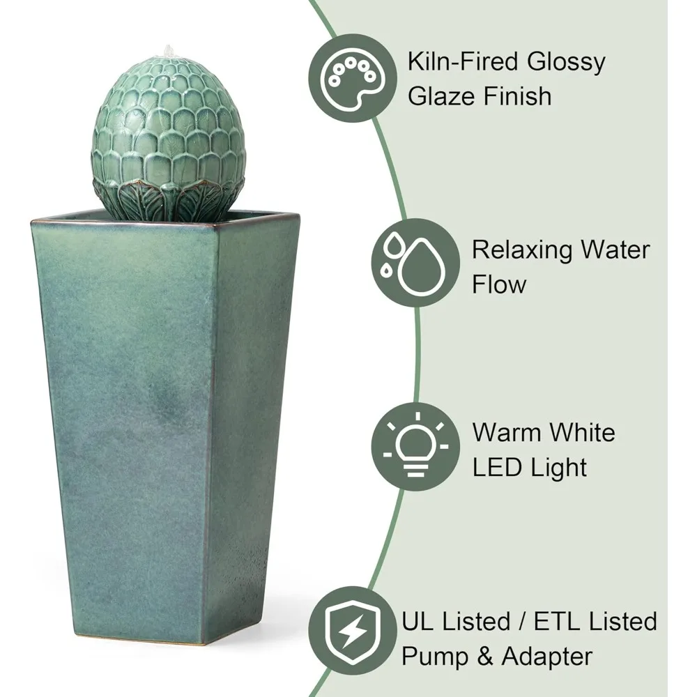 Ceramic Outdoor Water Fountain with LED Light Oversized Artichoke Pedestal Water Fountain with Submersible Pump Patio Fountain