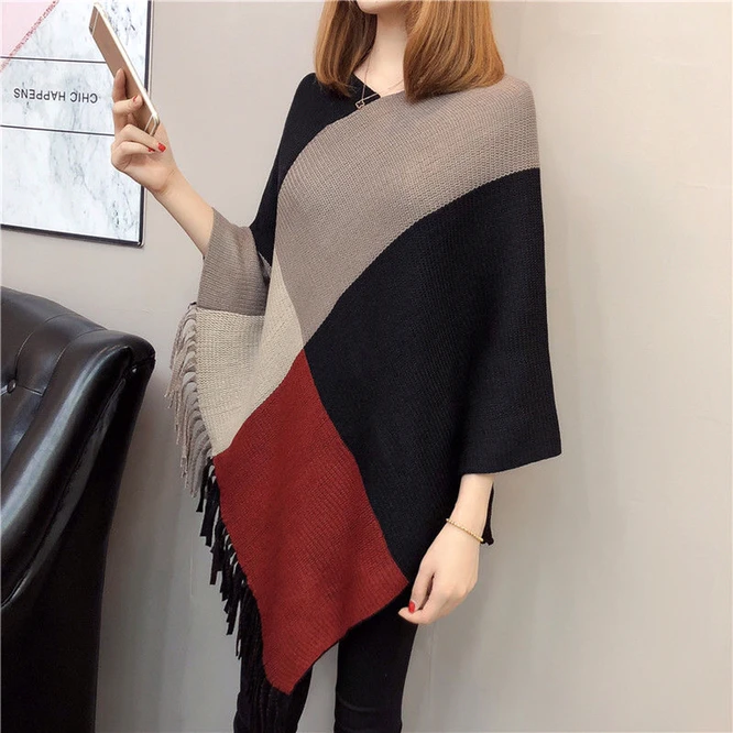 

Pull Femme Autumn Winter Women Tassel Knitted Sweater Poncho Sexy Striped V Neck Irregular Hem Casual Loose Pullover Khaki