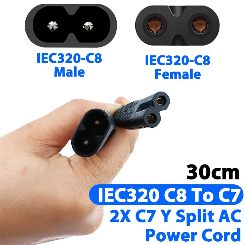 

IEC320 C8 To C7 2X C7 Y Split AC Power Cord, IEC Male To 2 Female 1 In 2 Out AC Power Cable 30cm Black