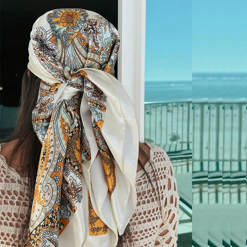 

90*90 см женский хиджаб атласный квадратный шарф Пейсли с принтом кешью шелковый шарф шейный платок шаль повязка на голову аксессуары для волос бандана