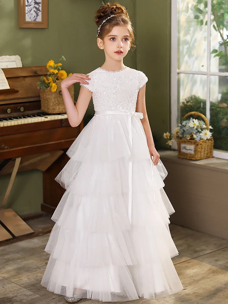 Elegant White Flower Girls Dress Tulle Fluffy Communion Gown Net Bridesmaid Gowns Girls Birthday gift Customizable Pageant Dress