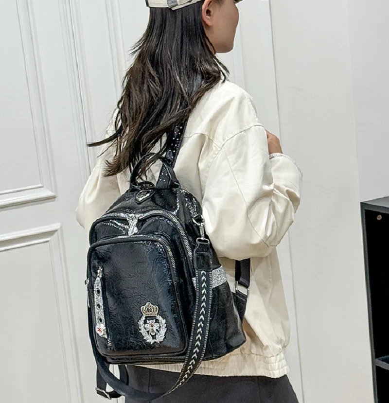 New Korean Fashion Trend Soft Leather Large Capacity Travel Backpacks Women's Double Zipper Shoulder Bags Totes Crossbody Bag