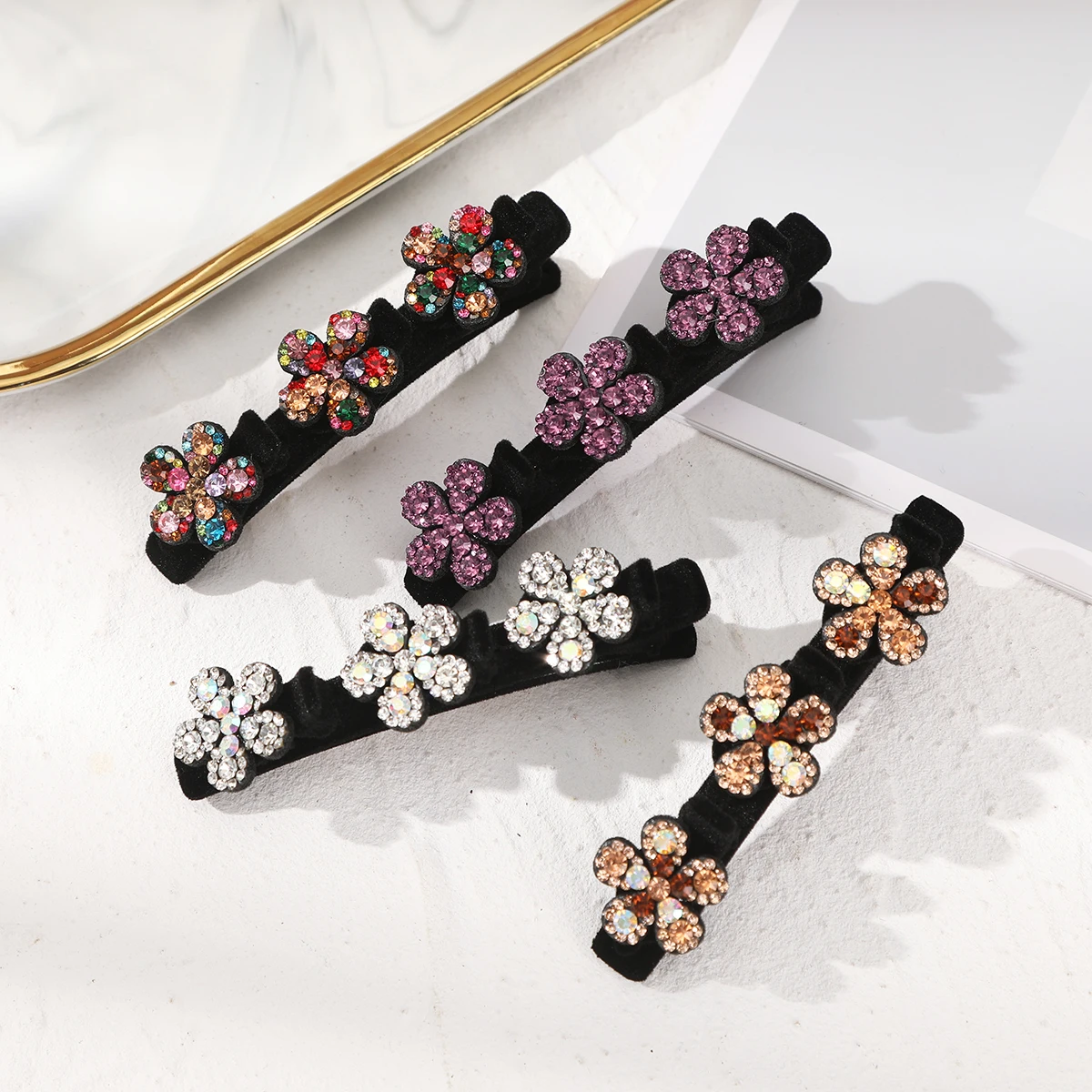 AWAYTR New Fashion Sparkling Crystal Stone Hairpin 3 Flower Hair Clips For Women Braided Hair Duckbill Hair Claw Headwear