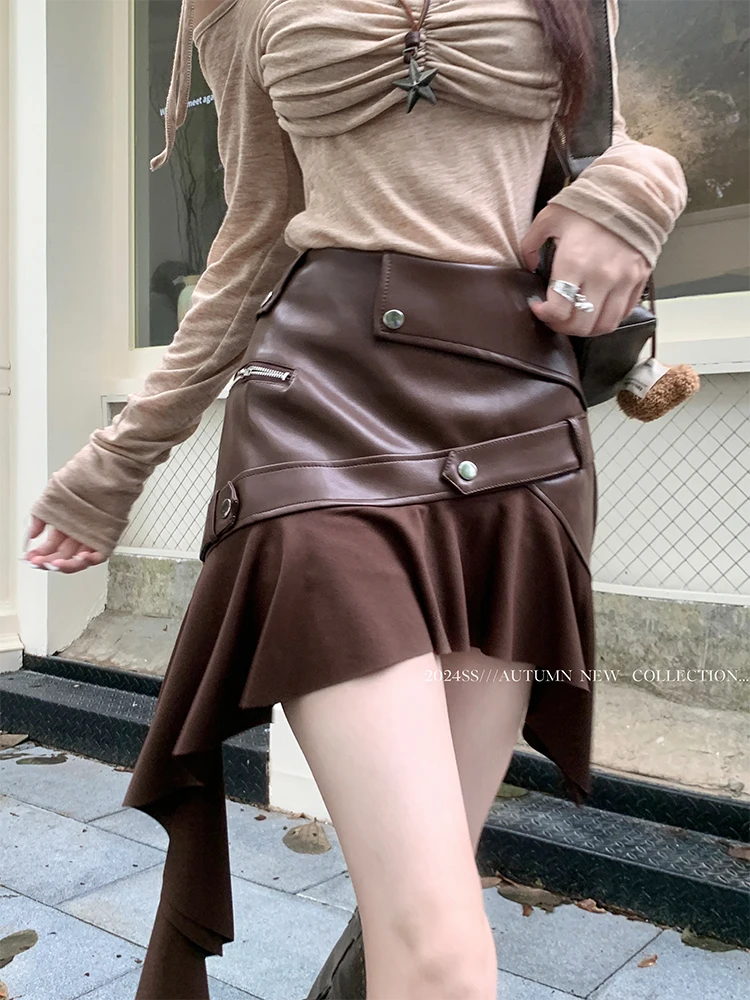 Women's Brown Patchwork Leather Skirt Harajuku Skirts Streetwear Aesthetic Vintage A-line Asymmetrical Skirt Y2k 2000s Clothes