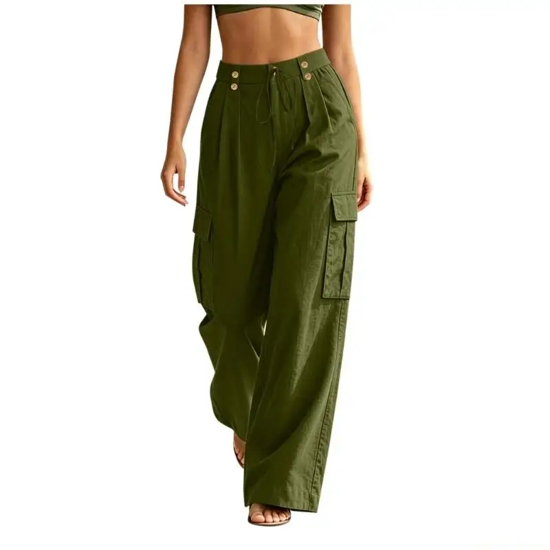 31BF Linen Pants Women Wide Leg  Palazzo Trousers Flowy Cargo Outfits with Pockets