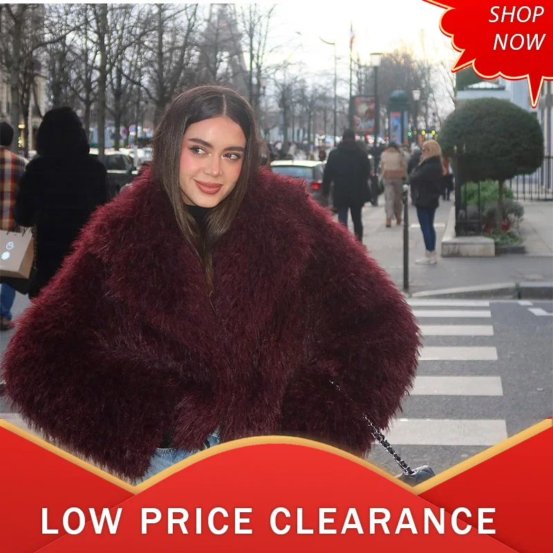 Fashion Burgundy Faux Fur Jacket Coat Women Warm Fluffy Loose Long Sleeve Lapel Female Cardigan 2024 Winter Lady Street Outwear