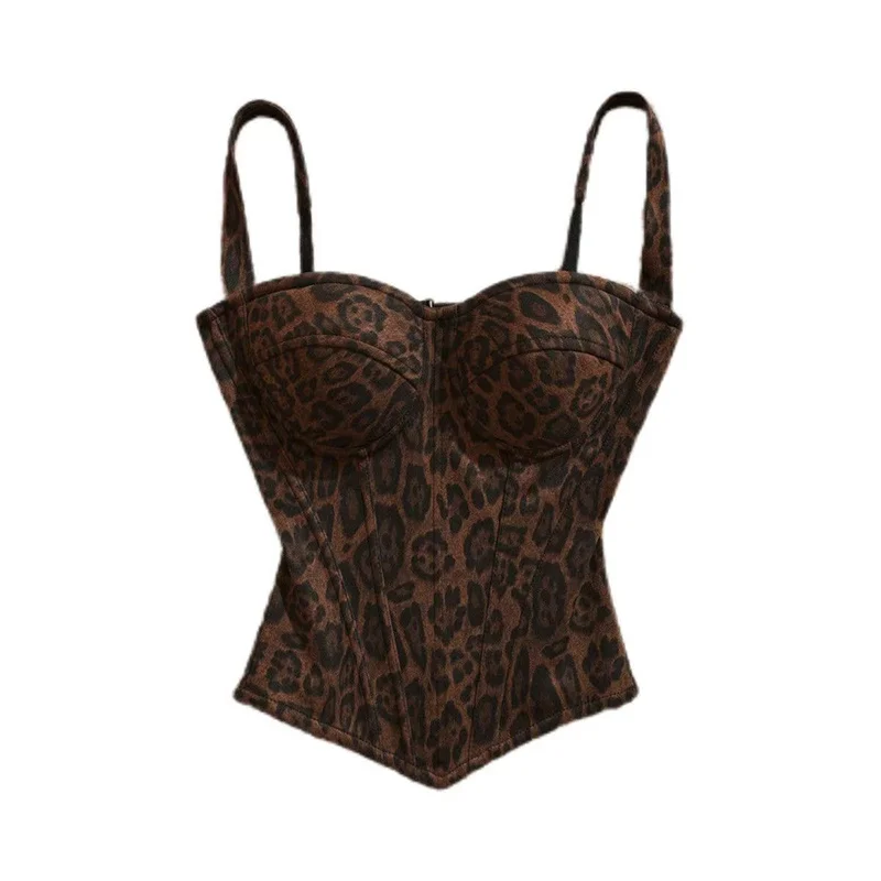 

Sweet and spicy retro high-end leopard print sexy camisole vest, women's waist cinched chest cushion, spicy girl top