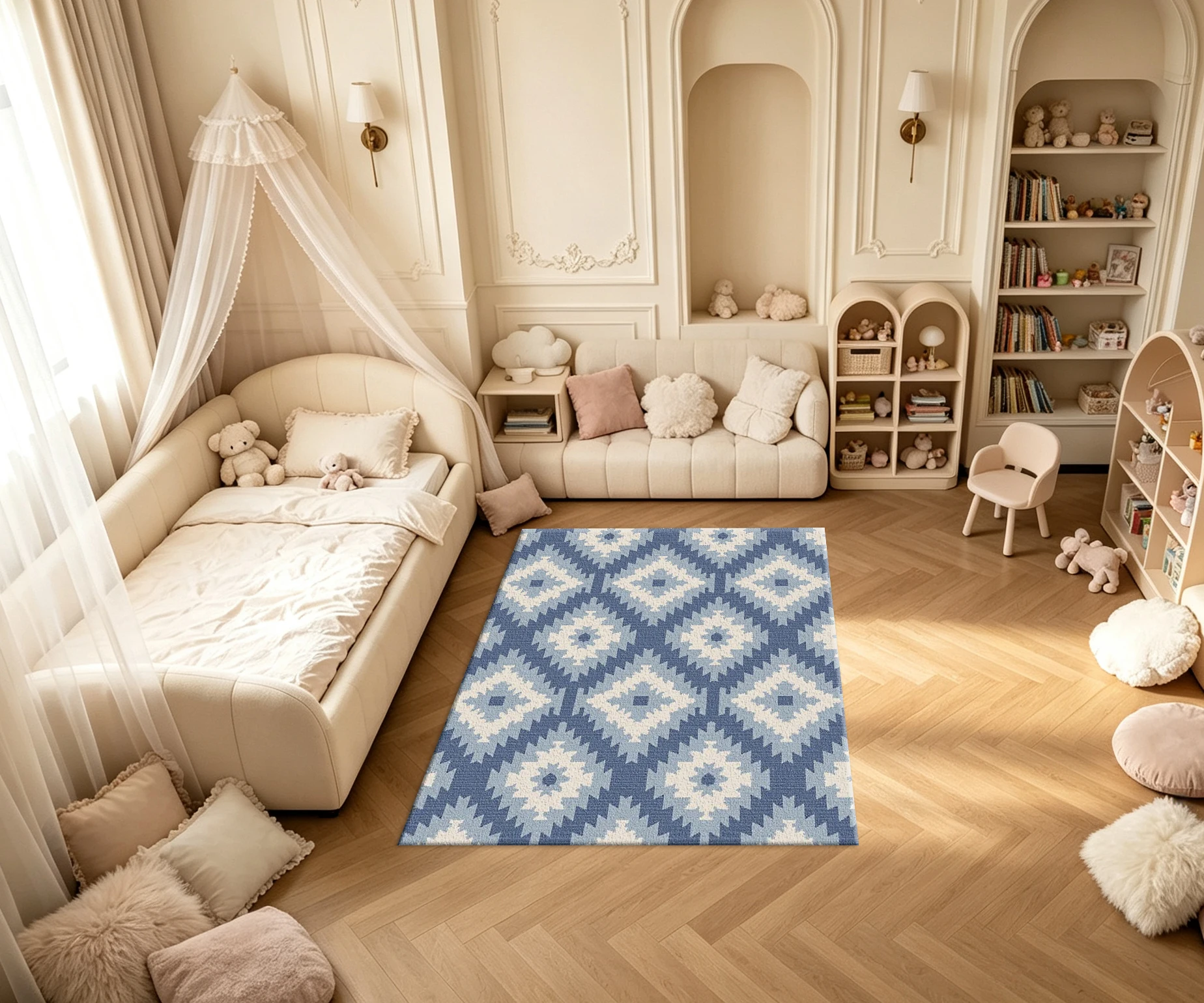 Blue White Southwest Aztec Geometric Diamond Carpet Flooring Boho Tribal Seamless Printed Square Area Rug for Indoor Home Decoration