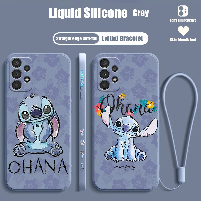 Disney Stitch Flowers per Samsung A73 A72 A54 A53 A52 A42 A34 A33 A32 A23 A22 A14 A13 A12 custodia per telefono con corda sinistra liquida