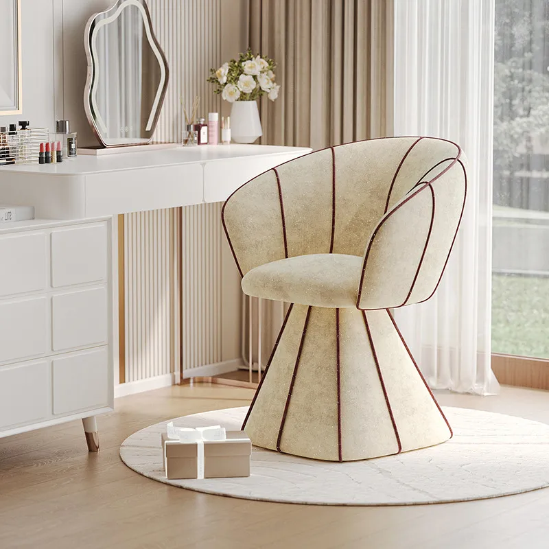 Cream Style Flocked Vanity Stool with Backrest High-Resilience Swivel Makeup Chair Durable Study Seat for Living Room & Bedroom