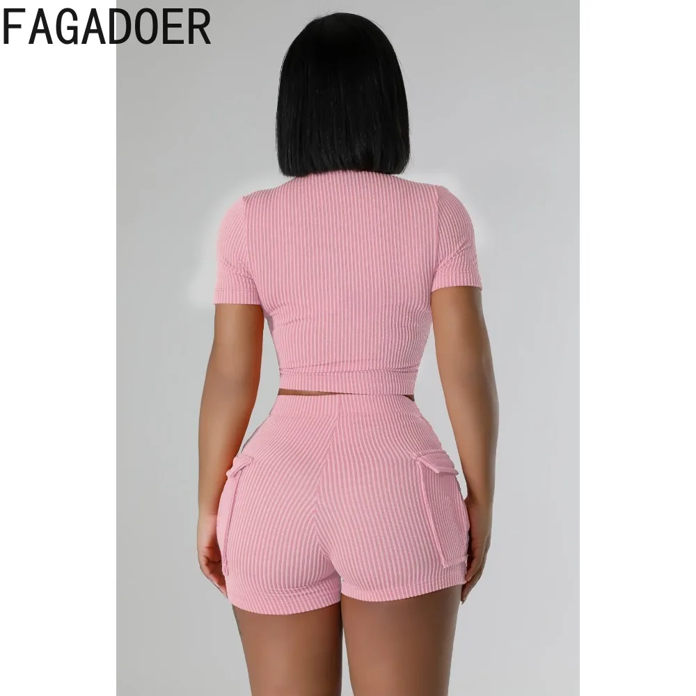 FAGADOER Summer New Solid Skinny Shorts Two Piece Sets Women V Neck Zip Short Sleeve Crop Top And Shorts Outfits Female Clothing