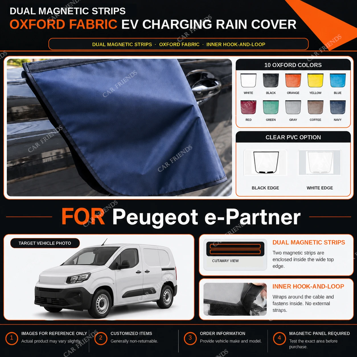 For Peugeot e-Partner Oxford Fabric EV Charging Port Rain Cover with Dual Magnetic Strips Water-Repellent Outdoor Charging