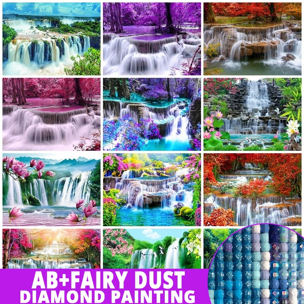 Pintura de diamante AB de polvo de hadas, pintura de paisaje, cascada, flor, mosaico, bordado, galletas de montaña, decoración del hogar