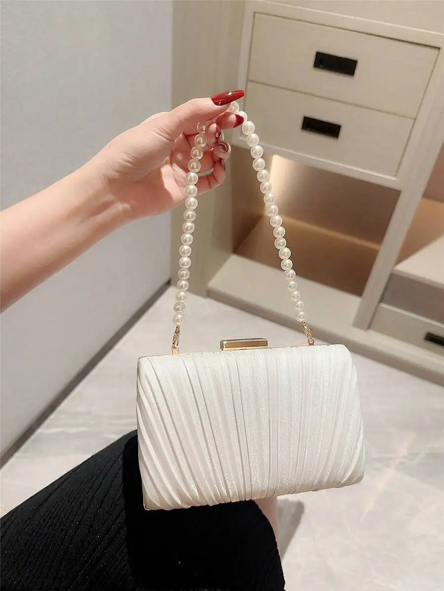 Elegant Pleated Pearl Clutch Bag For Evening Wedding Party Formal Occasion