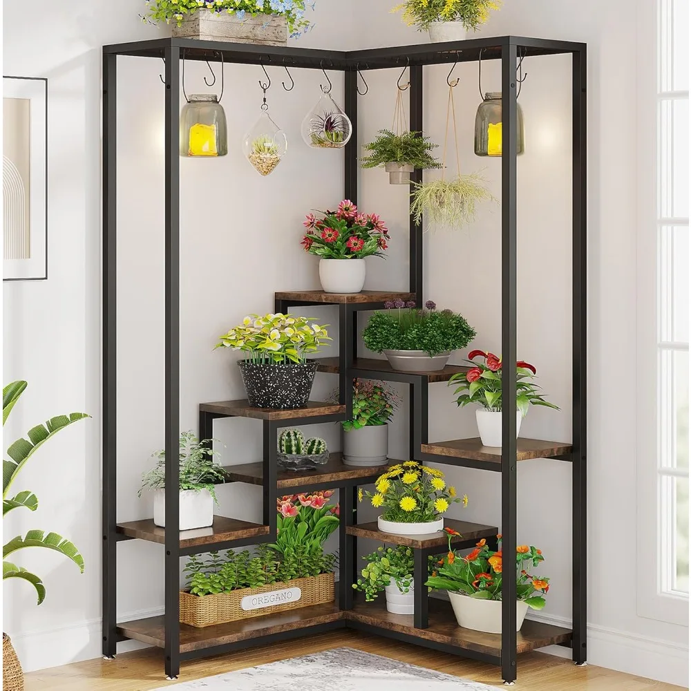 70.9 Inches Tall Corner Plant Stand, Industrial 8-Tier Indoor Corner Plant Shelf with 10 S-Hooks, Large Metal Plant Display