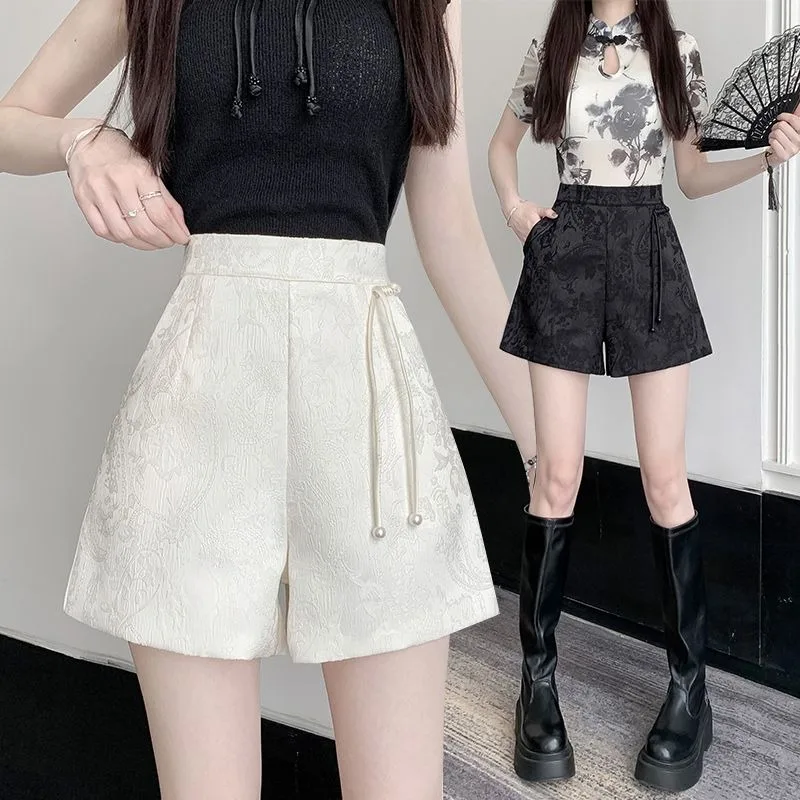 

Jacquard Satin Buckle Tassel High Waist Trouser Wide Legs Slim Elastic Casual Short Pants New Chinese Style Shorts Female Summer