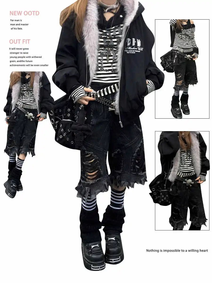 

Summer Women Dark Academia Abi Ripped Denim Jorts Harajuku Y2k Shorts 2000s Jean Pants Japanese Grunge Cyber Punk Goblin Core