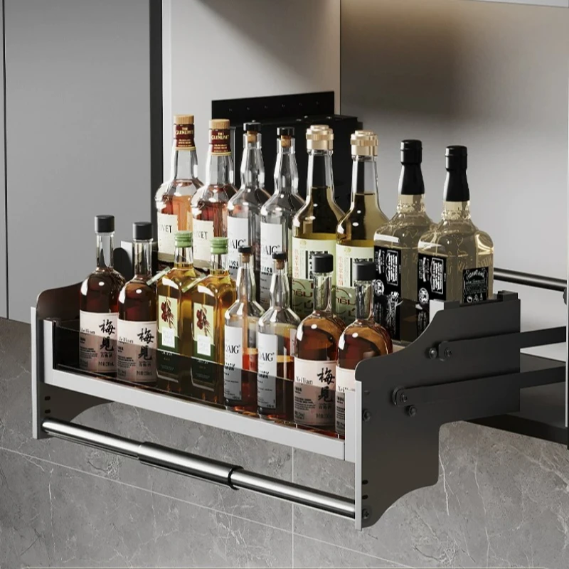 Thick Double Arm Pull Down Basket, Adjustable Height Lift Rack for Kitchen, Soft Closing Spice Organizer, Strong Load Storage