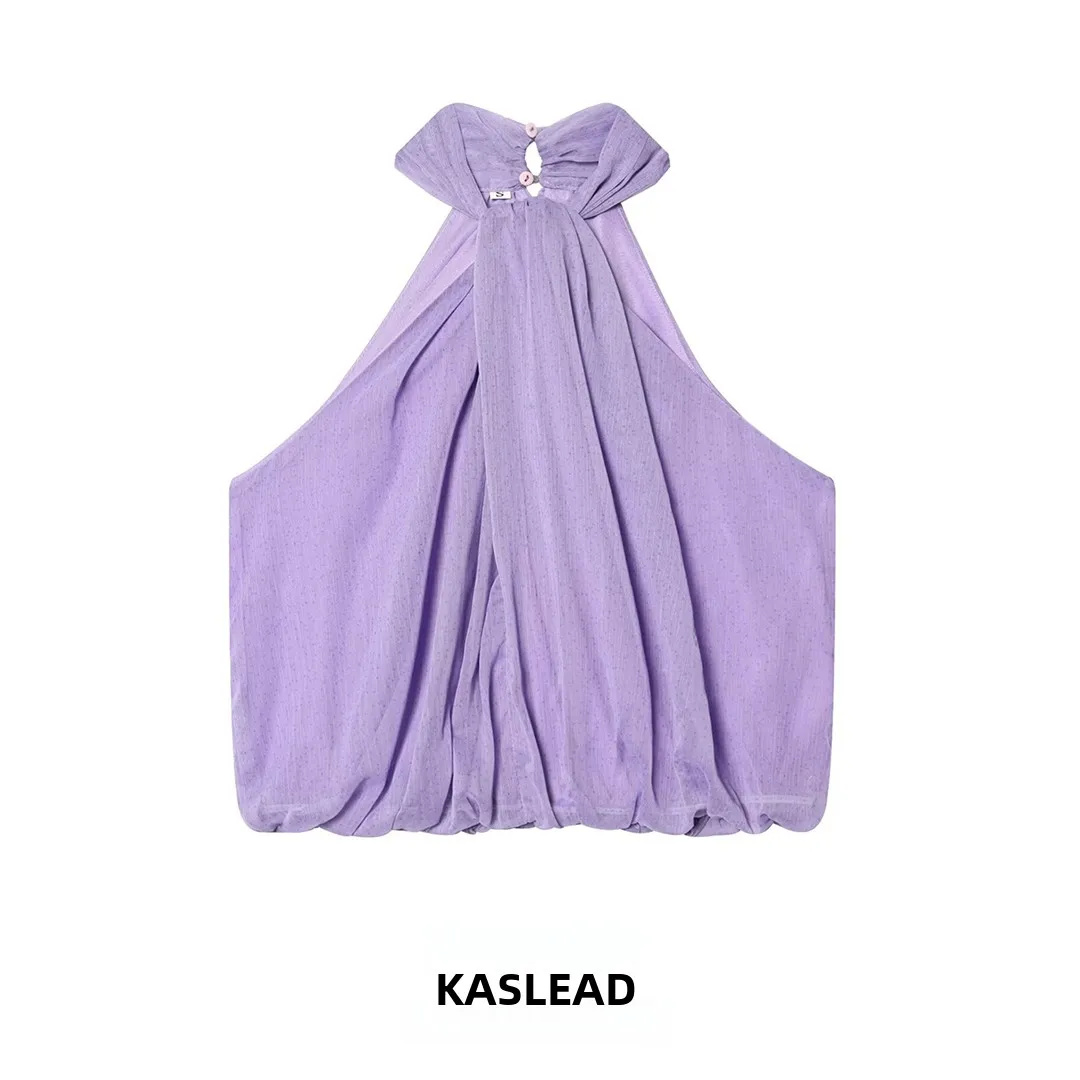 KASLEAD New Women's Fashion Polka Dot Bubble Sleeve Neck Hanging Short Top Polyester Fiber Loose Fit Spring Summer 2026