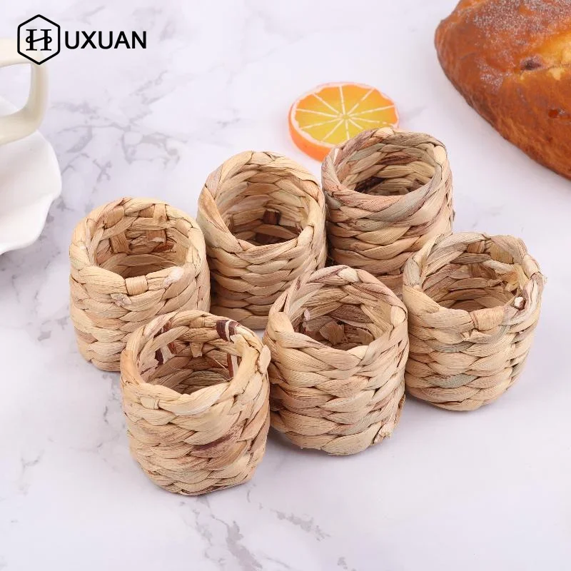 6pcs Rural Style Napkin Rings Natural Straw Corn Husk Water Hyacinth Grass Bamboo Rattan Buckle Table Cloth Holder Eco-friendly