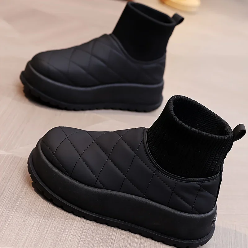 Women Argyle Quilted Round Toe Winter Snow Boots Thick-soled Platform Lightweight Ankle Boots For Outdoor Walking