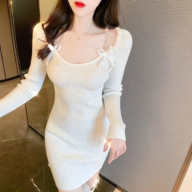 عادي حفلة مثير جريئة حفلة موسيقية امرأة محبوك فستان فراشة القوس متعرج كم طويل ملابس كاملة مصمم فساتين الكروشيه للنساء