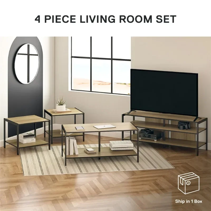 Living Room in a Box, 4-Piece Set with Reversible Tops, Natural and Black, tv stand living room furniture