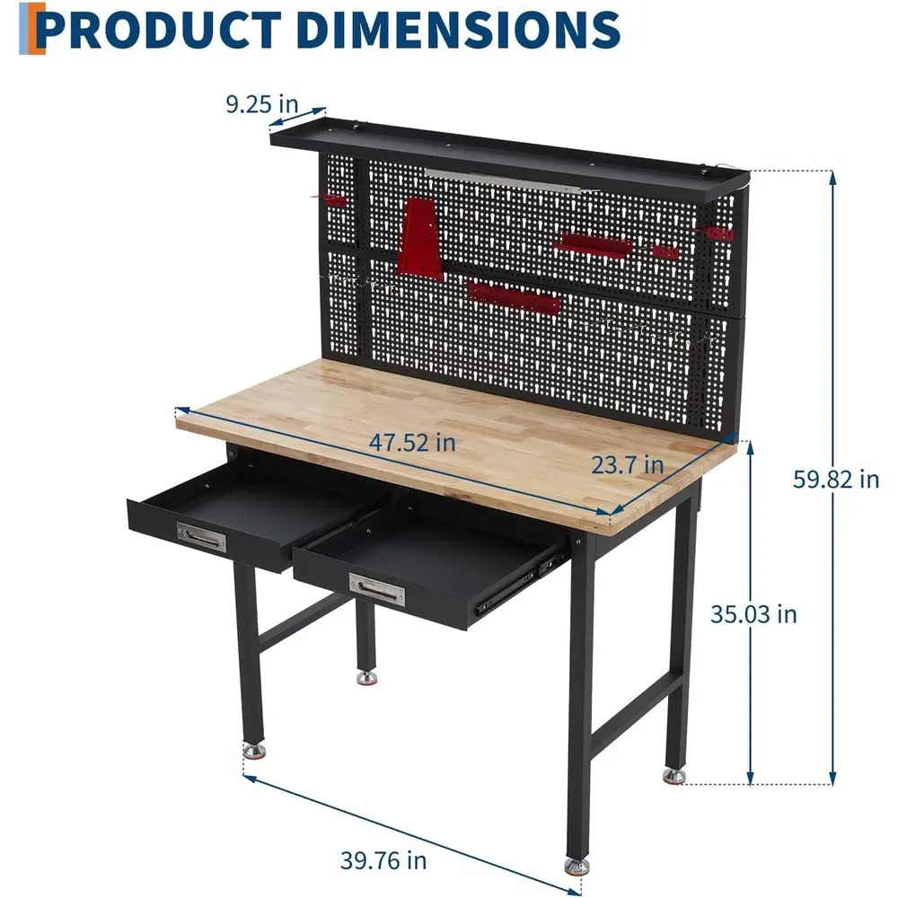 منضدة عمل صناعية مقاس 48 × 24 مع مخرج طاقة وإضاءة LED ولوح بيجبورد ودرج وطبقة من الخشب الصلب لورشة العمل/المكتب، كابا بقوة 2000 رطل