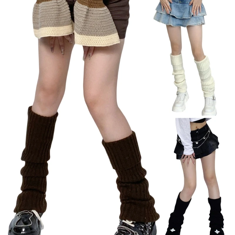 Punk Gothic Stretchy Leg Warmers Japanese Women Chunky Ribbed Knitted Solid Color Long Socks Boot Cuffs Foot Covers