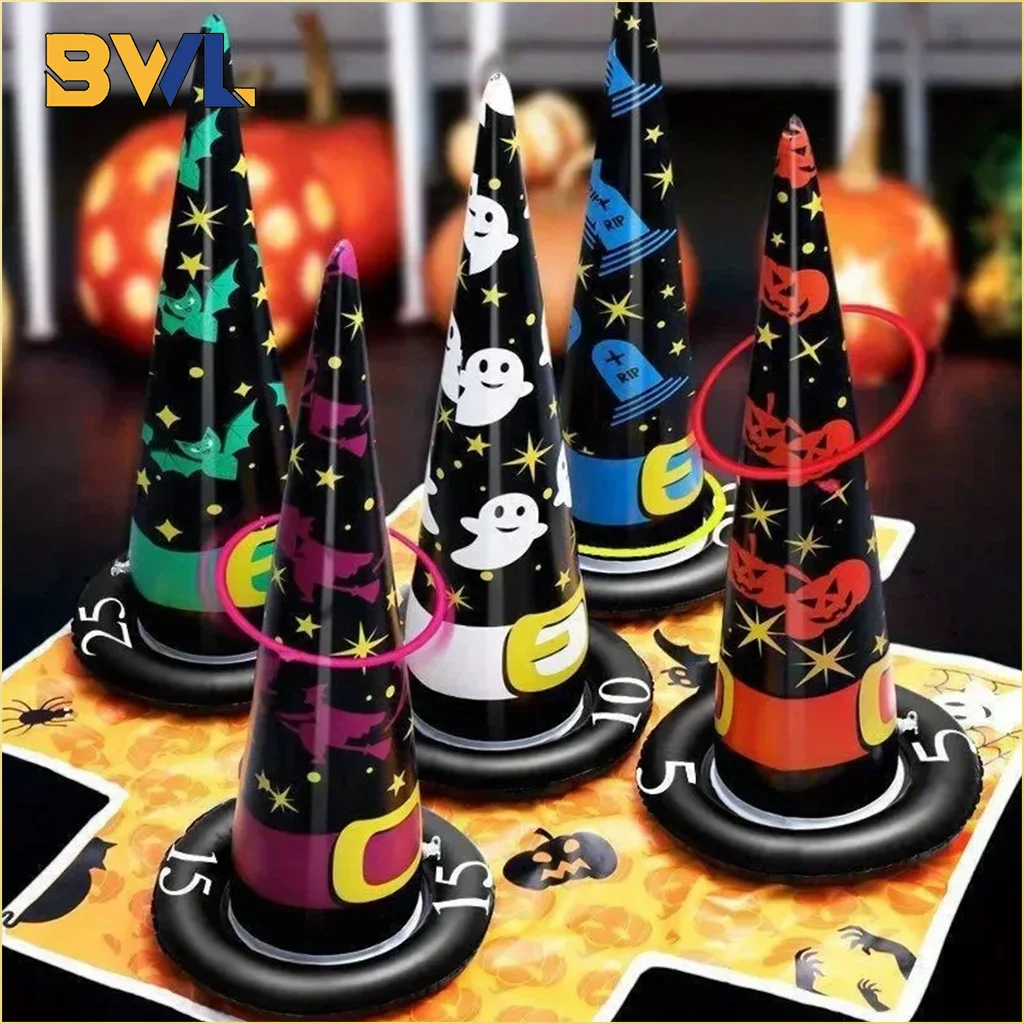 Outdoor Indoor Inflatable Witch Hat Ring Toss Game Halloween PVC Ice Cream Cone Style Interactive Toy for Kids Party Gift