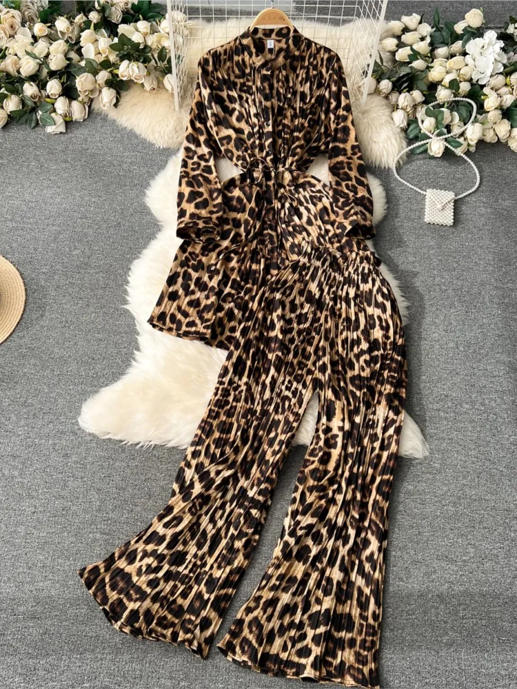 

Elegant Women 2 Pieces Set Leopard Print Long Sleeve Shirts Casual Loose Pantalon Outfits Autumn New Fashion Vintage Pantsuits