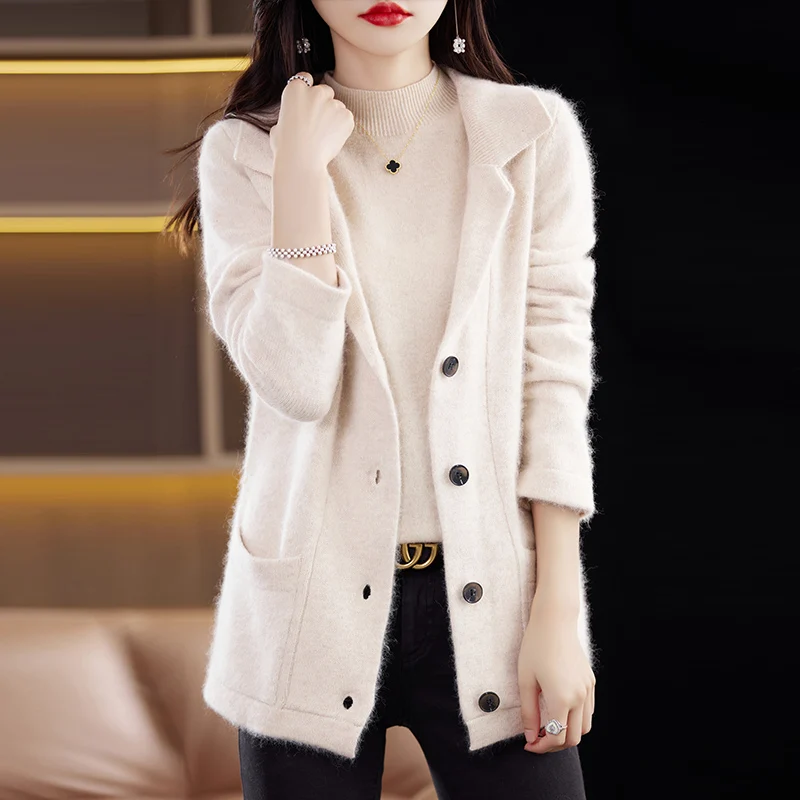 Hot selling cardigan women\'s lapel 100% mink cashmere sweater long sleeved knitted comfortable warm jacket single breasted sweat