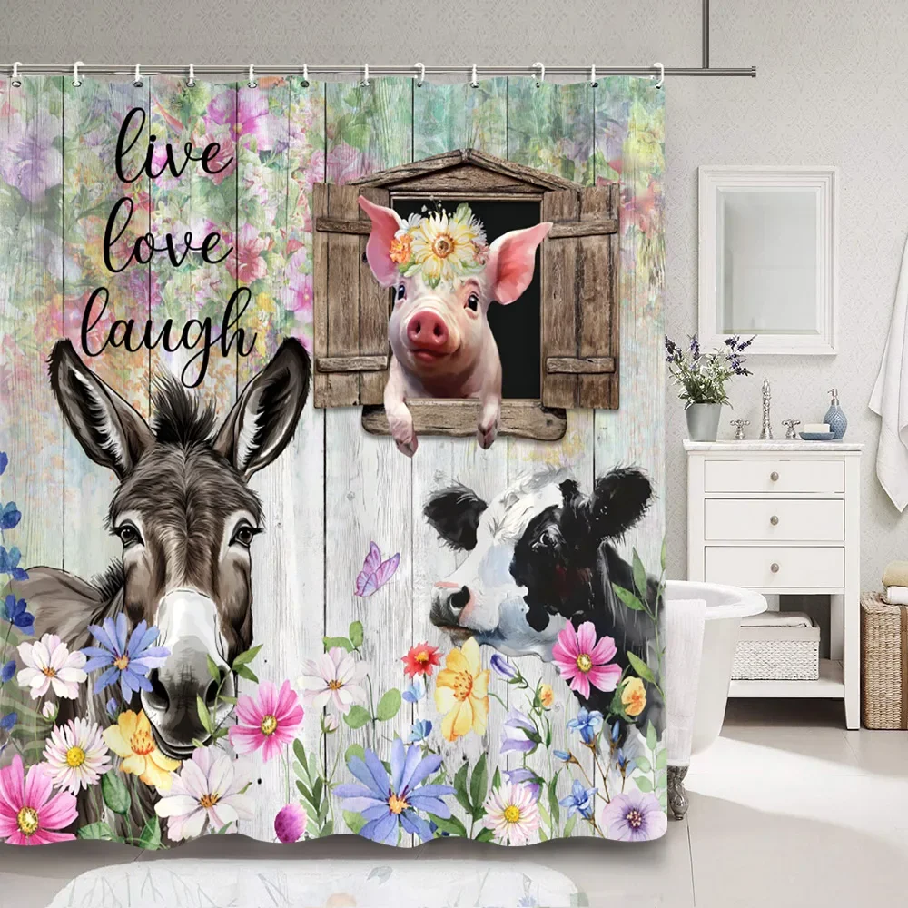 Farm Animal Shower Curtain Rustic Rustic Floral Plank Cow Pig Cute Dog Polyester Fabric Shower Curtain Bathroom Decor with Hooks