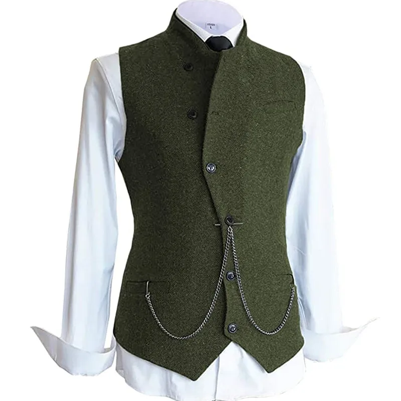 Mannen Formele Pak Vest Hoge Hals Slim Fit Tweed Vest Visgraat Wol Vest Bruiloft Bruidsjonkers