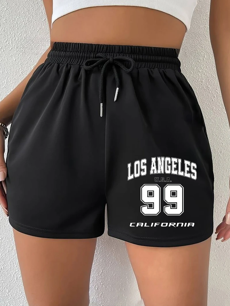 Women's Los Angeles 99 California Print Casual Jogger Shorts - Heather Grey Elastic Waist with Adjustable Drawstring