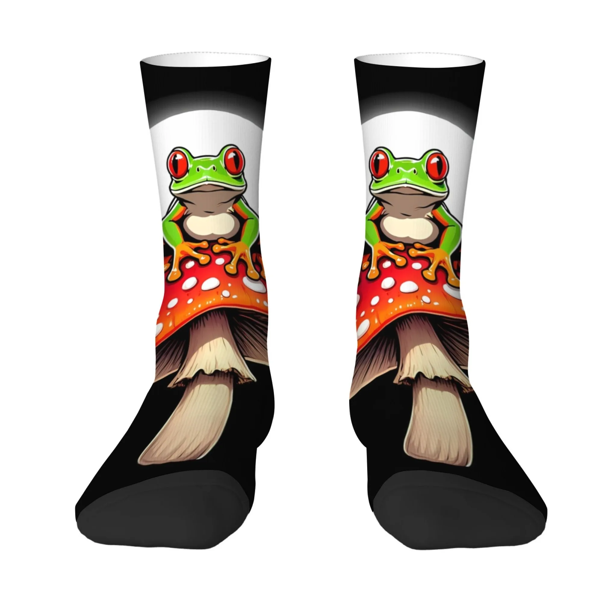 Lustige Frosch-Pilzsocken für Herren, lebendige Crew-Socken mit buntem Pilz- und Blumendruck, bequem, stilvoll für Neuheit, verspielt