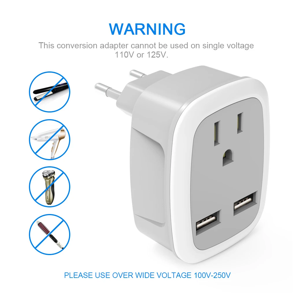 EU to US Power Adapter 3 Ports Travel Portable Electrical Outlet Plug 110V-220V 2.4A Charger Socket Trip Converter