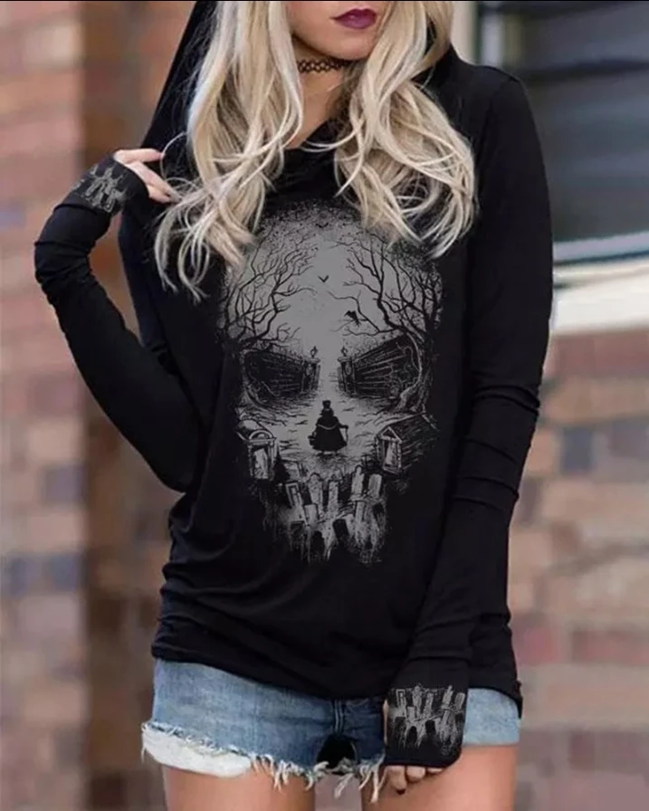 

Hot Selling Halloween Skull Print Long Sleeve Sweatshirt for Women 2024 Autumn Winter Pullover Top Long Sleeve New Fashion